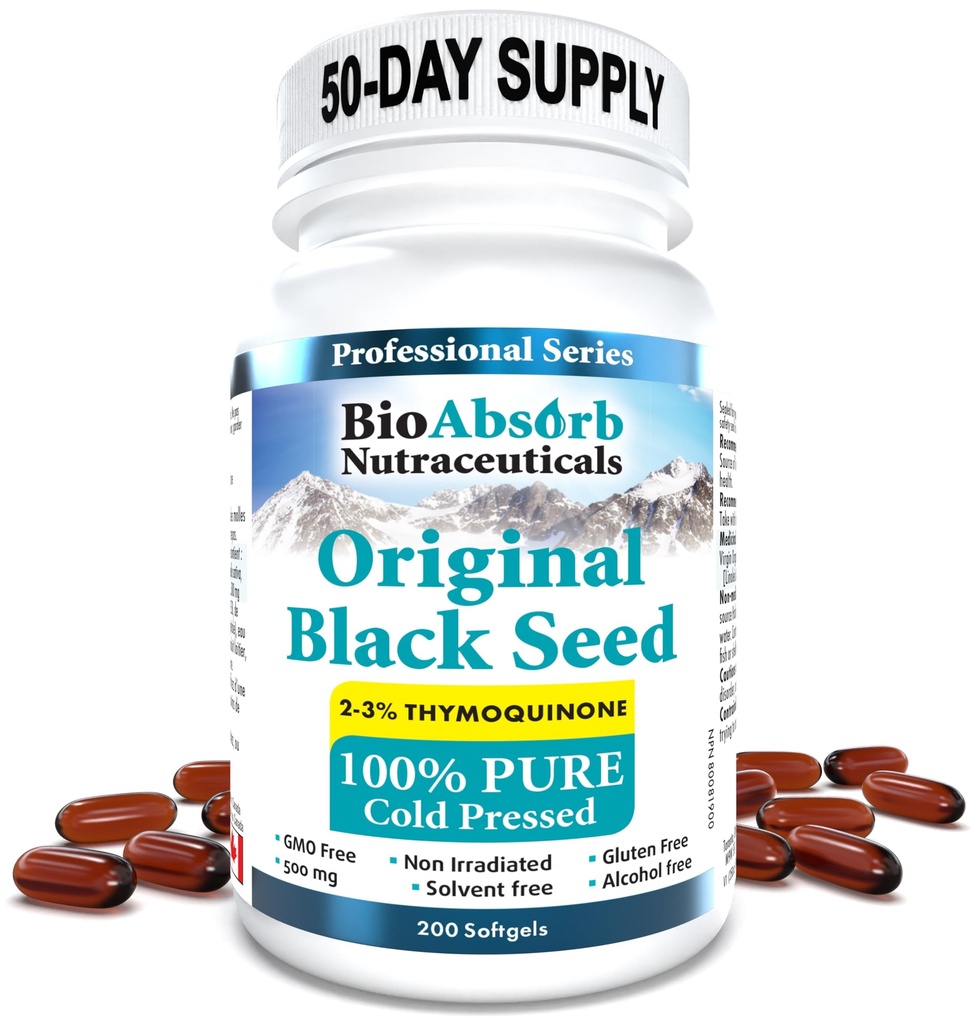 Bio Absorb Black Seed Oil Cold Pressed Kapsler. 200 mykgels, 500 mg (50-dagers forsyning). Ingen ettersmak.