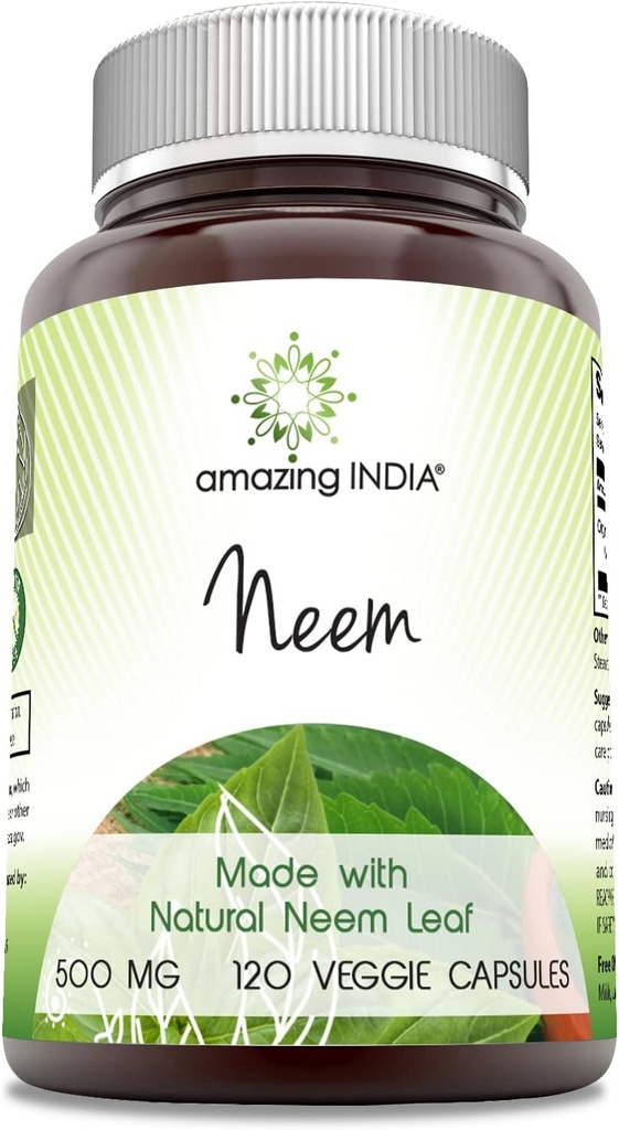 Amazing India Neem (Made med naturlig Neem Leaf) Supplement | 500 Mg | 120 Veggie kapsler | Ikke-GMO | Glutenfri | laget i USA