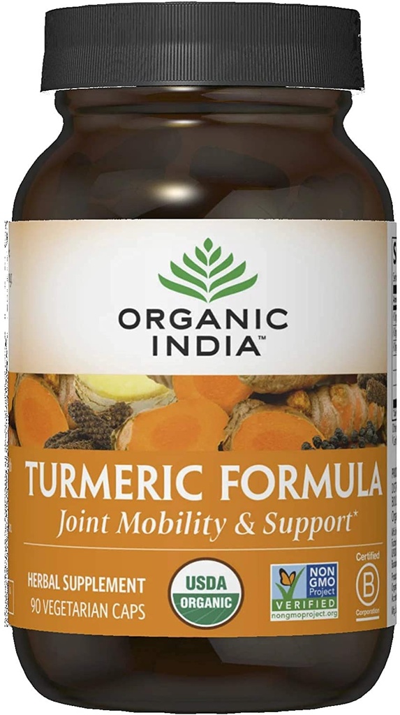 Organic India Turmeric Curcumin Herbal Supplement - Joint Mobility & Support, Immunsystemstøtte, sunn inflammatorisk respons, Hele rottilskudd, organisk trikatu - 90 kapsler
