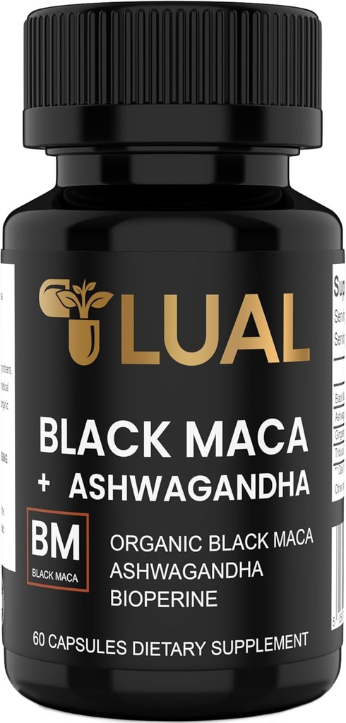 LUAL 30 000 mg 30x Styrke Organic Black Maca Root med Ashwagandha - Høyeste potens Svart Maca Root Capsules for menn - 100% ren Maca Peruana Powder Organic, Gelatinisert, Ikke-GMO - 60 piller
