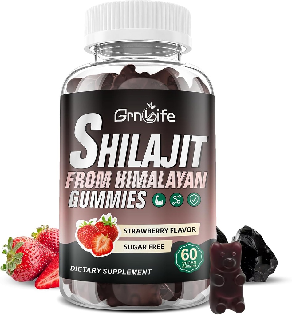 Shilajit Gummies for menn og kvinner, 1000MG Shilajit Supplement med 85+ Trace Minerals & Fulvic Acid for energi, immunitet, sukker-fri, Jordbær-60 Telling