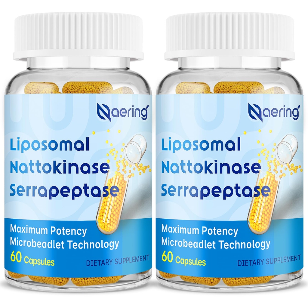 Liposomal Nattokinase 12.000 FU Serrapeptase 360.000 SPU Enzyme Supplement - beriket med Synergistiske Enzymer og næringsstoff blanding og inulin for sirkulasjon, Gut, Digestion 60 Kapsler (2 flaske)