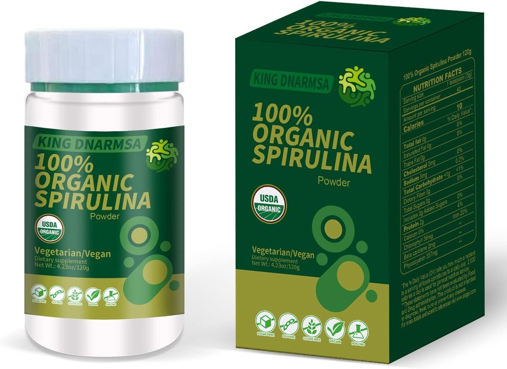 Certifisert 100% organisk Spirulina pulver 4.23oz/120g rik på rik i Beta-Caroten (Vitamin A) og B-12 med naturlig forekommende GLA,Vega ikke-GMO-Superfood Supplement