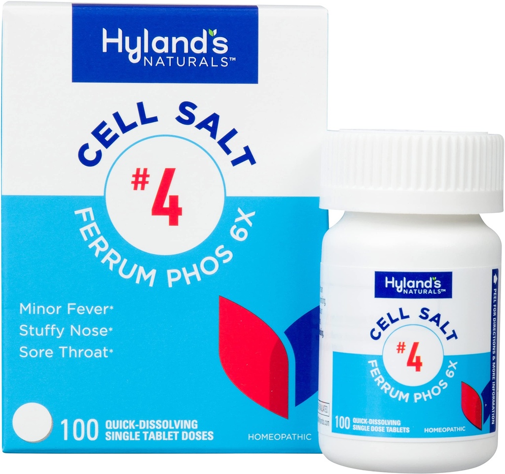 Hyland's No. 4 Cell Salt Ferrum Phos 6X Tabletter, Decongestant og Sinus Relief, Inflammasjonstilskudd, naturlig lindring av kulde og feber symptomer, hurtig oppløsning tabletter, 100 teller