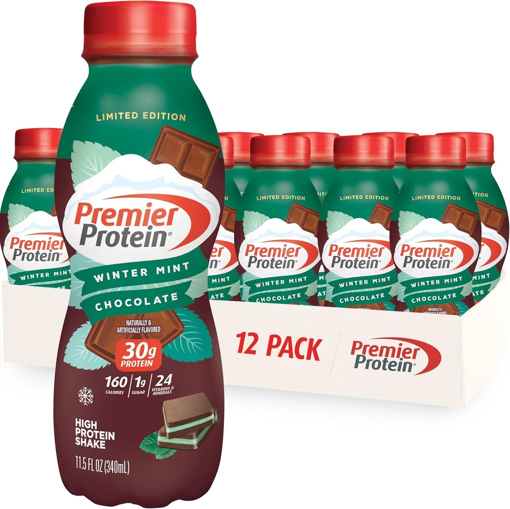 Premier Protein Shake, Limited Edition Vinter Mint sjokolade, 30g protein, 1g sukker, 24 vitaminer og mineraler, næringsstoffer til støtte immunhelse, 11.5 oz, 12 Pack