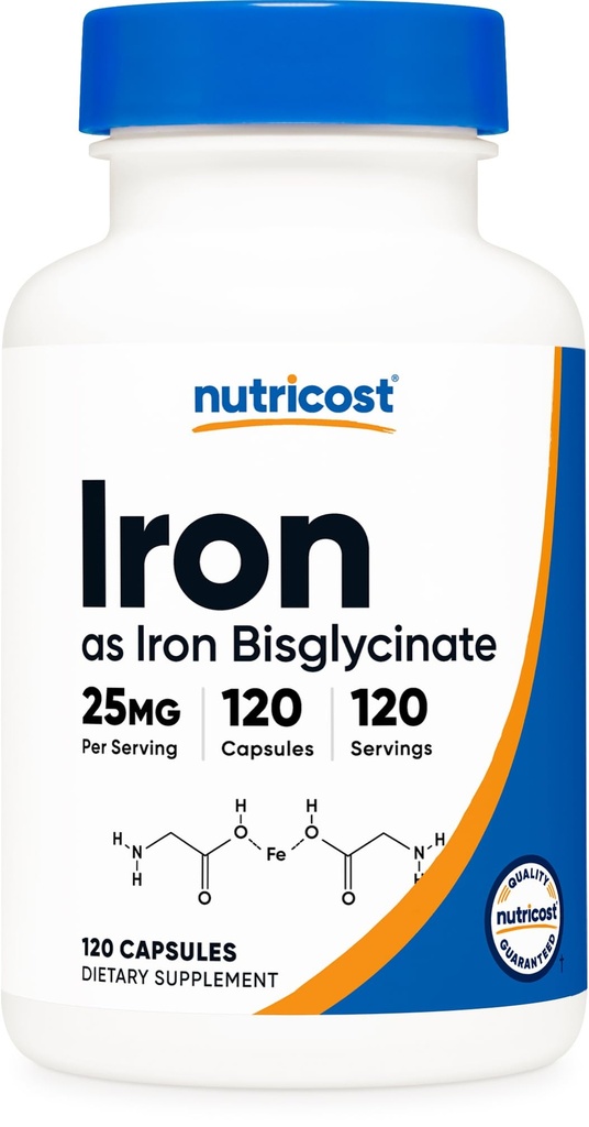 Nutricost Iron Bisglycinate Supplement (25 mg) 120 kapsler - fra Ferrous Bisglycinate Chelat - Ikke-GMO & Glutenfri