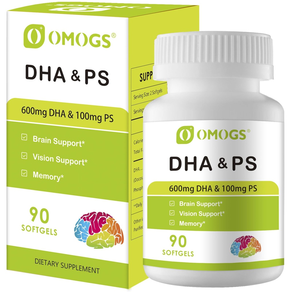 OMOGS Algae DHA - 600 mg Omega-3 DHA Softgels, med Fosfatidyserin & Walnut olje, støtter sunn hjernefunksjon, visjon, øye og minne, glutenfri, ikke-GMO Vegan Algae olje, 90 Softgels