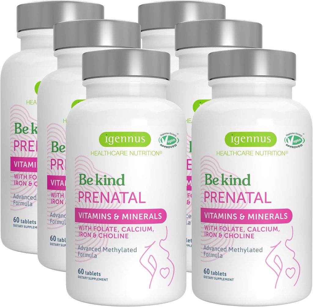 Igenus Metylert Prenatal Multivitamin for kvinner, Folat for MTHFR, høy absorpsjon, ren og ren, Gentle Iron, Choline, Kalsium & Magnesium, Vegan Graviditet Vitaminer, Halal, Ikke-GMO, 60 tabletter x 6