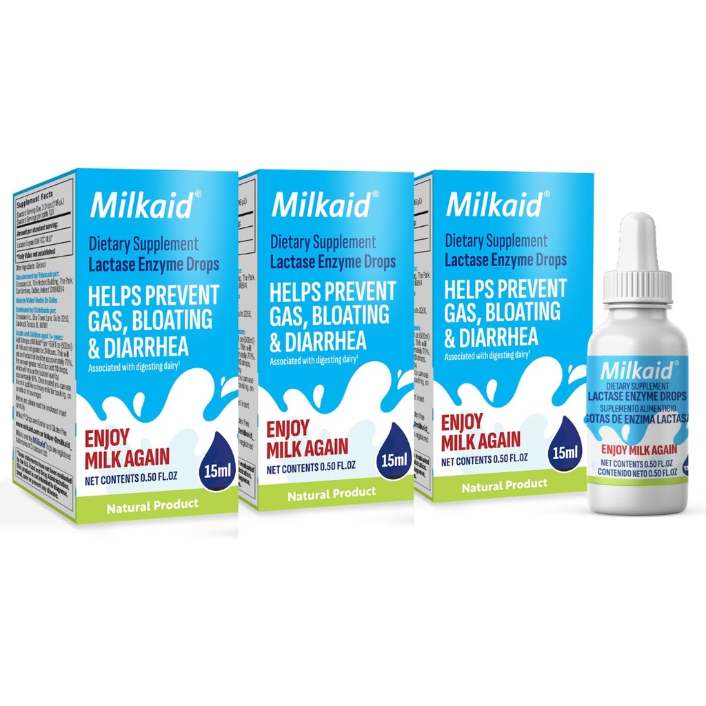 Melkeaid Lactase Enzyme Drops for Laktose Intolerance | Forhindrer gass, blooting & diarrea | Fastvirkende Dairy Digestive Supplement | Glutenfri & Vegetarisk | Ingen kunstig Flavor | 0,5 Fl Oz (3)
