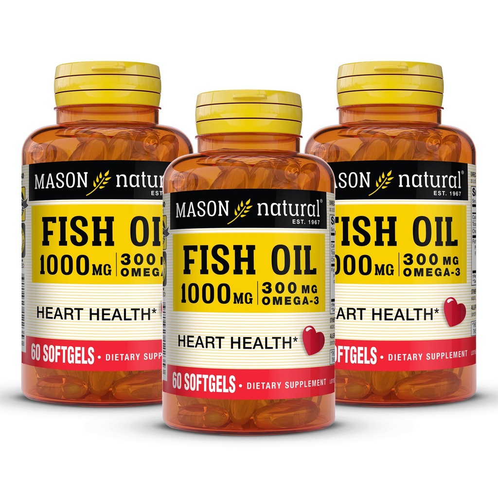 MASON NATURAL Omega, 3 Fiskolje, 180, dagsforsyning, 1000mg med EPA og DHA for felles støtte, 60 Softgel piller (3 pakke)