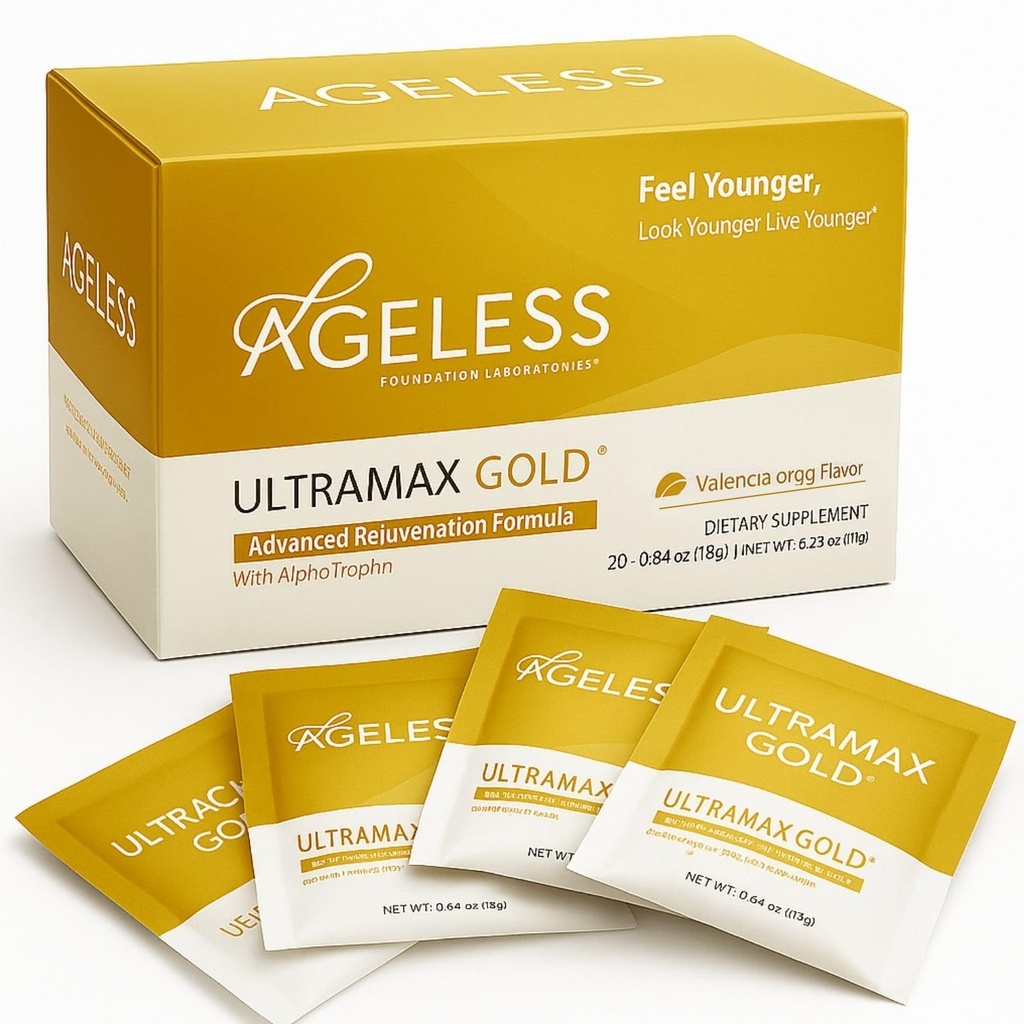 Aldersløs UltraMAX Gold - HGH Anti-Aging Supplement for kvinner og menn - Juvenerer huden, gjenoppretter ungdommelig utseende, Øker energi og søvn, Effervescent pulver - Valencia Orange Flavor - 22 Pakker