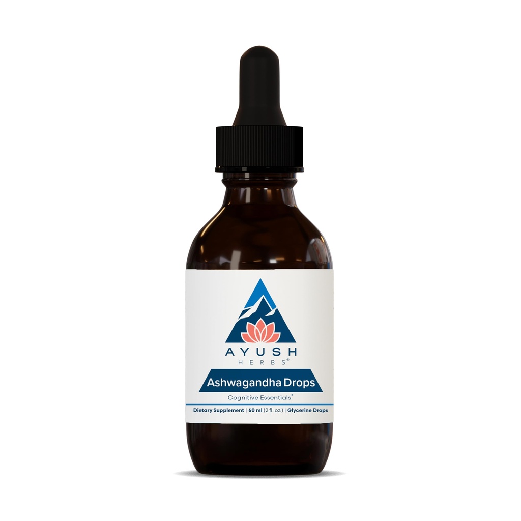 Ayush Herbs Ashwagandha Drops - Ashwagandha alkoholfrie dråper for voksne, beroligende daglig kosttilskudd for fokus og oppmerksomhet med organisk Ashwagandha, sitronflavor - 2 Fl Oz (80 serveringer)
