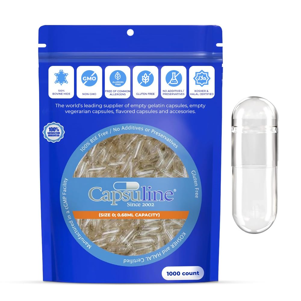 Capsuline Størrelse 0 Tom Gelatin Kapsler, Klar - 1000 greve | Glutenfri, Kosher, ikke-GMO-sertifisert | Pure Bovine Pill Caps for DIY Supplement Fylling