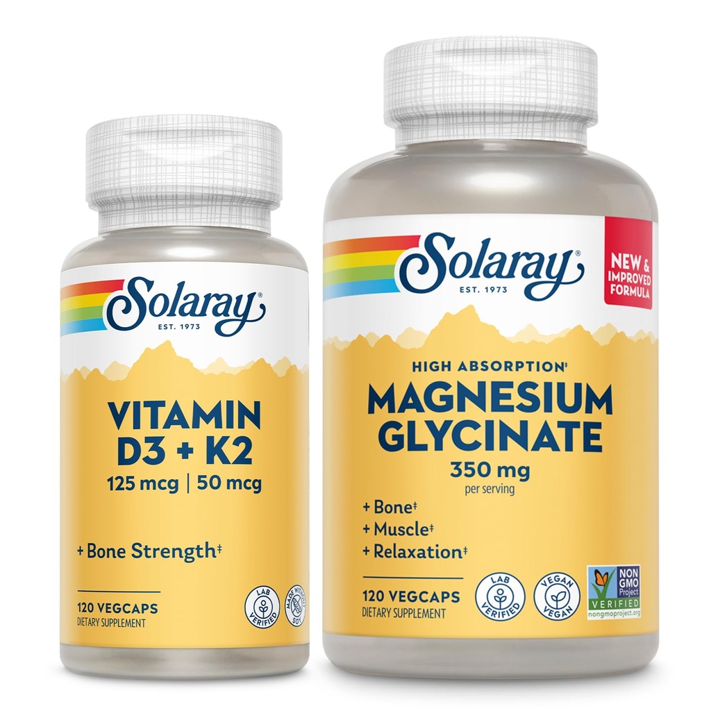 SOLARAY Vitamin D3 K2 og magnesiumglycinat - Bone Health Bundle - Kalsiumabsorpsjon, Nerve, hjerte og immunstøtte v/ 5000 IU vitamin D, 350 mg Chelatert magnesium, 60-dagers garanti, 120ct/120ct