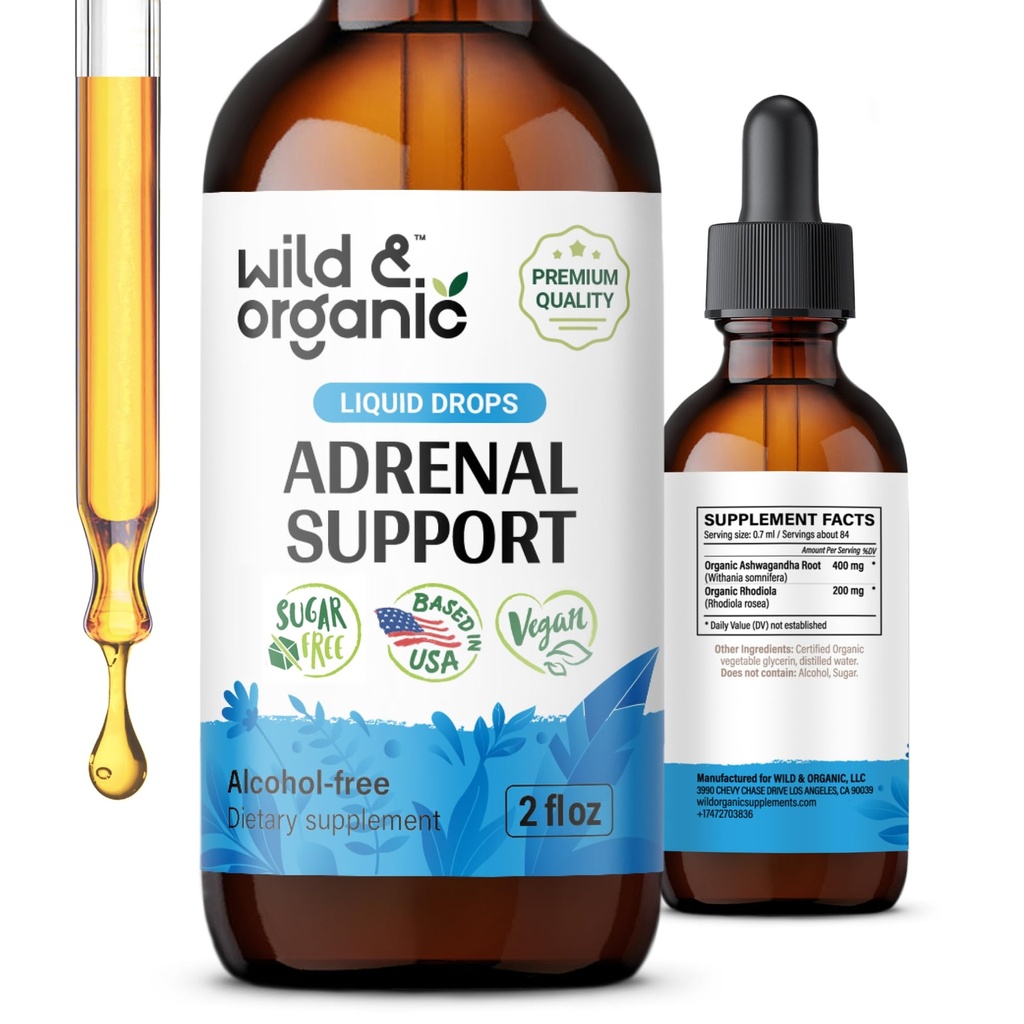 Wild & Organic Adrenal støtte Tinktur for positiv Outlook - Adrenal kompleks med Ashwagandha, Rhodiola Rosea Root - 1-måneders forsyning - Vegan, ingen sukker & alkohol - 2 fl oz
