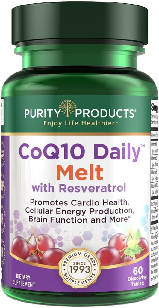 Renhetsprodukter CoQ10 daglig med Resveratrol Melt 100mg CoQ10-30mg Trans-Resveratrol - Vitamin A, D3, E og B12 (som metylkobalamin) - 60 raske oppløsning tabletter