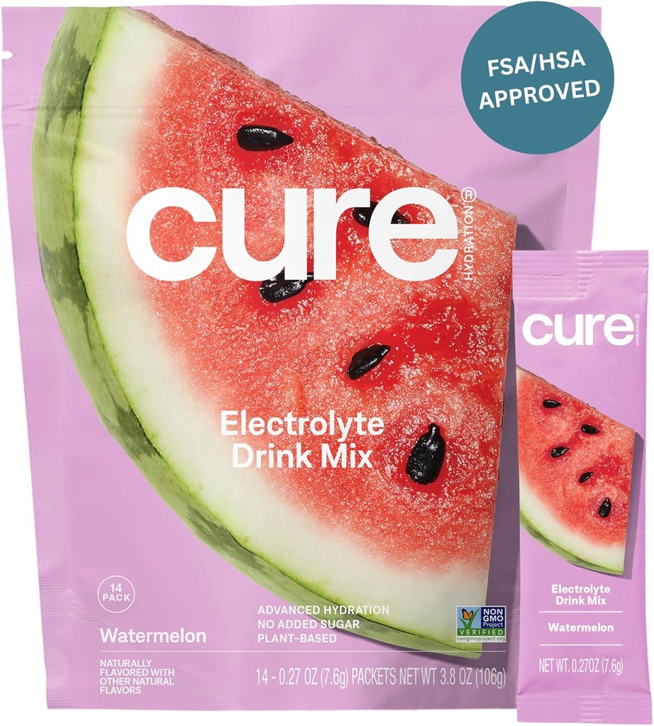 Cure Hydration | Plantebaserte Electrolyte Drink Mix | Nei tilsatt sukker | FSA-HSA | Dehydrering Relief pulver laget med kokosvann | Ikke-GMO | Vegan | Pouch av 14 pakker - Vannmelon