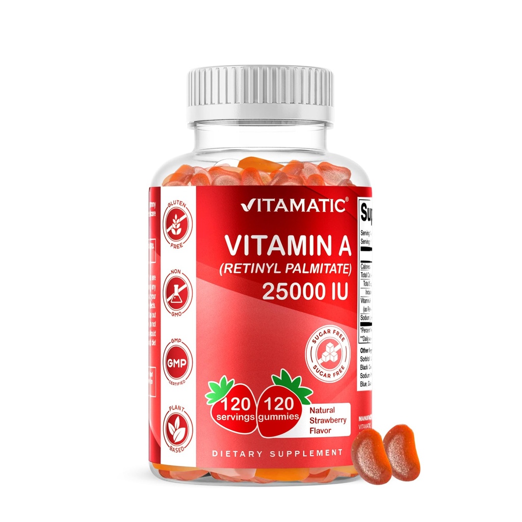 Vitamin A 25000 IU Gummies (retinyl Palmitat) - Naturlig Strawberry Flavor - 120 Pectin Basert Gummies (1 flaske)