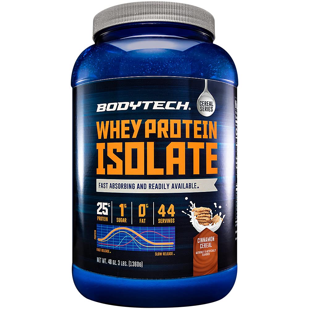 BODTECH Whey Protein Isolere pulver - med 25 gram protein per servering og BCAA - ideell for post-workout muskelbygging og vekst, inneholder melk og soya - kanel cereal (3 pund)