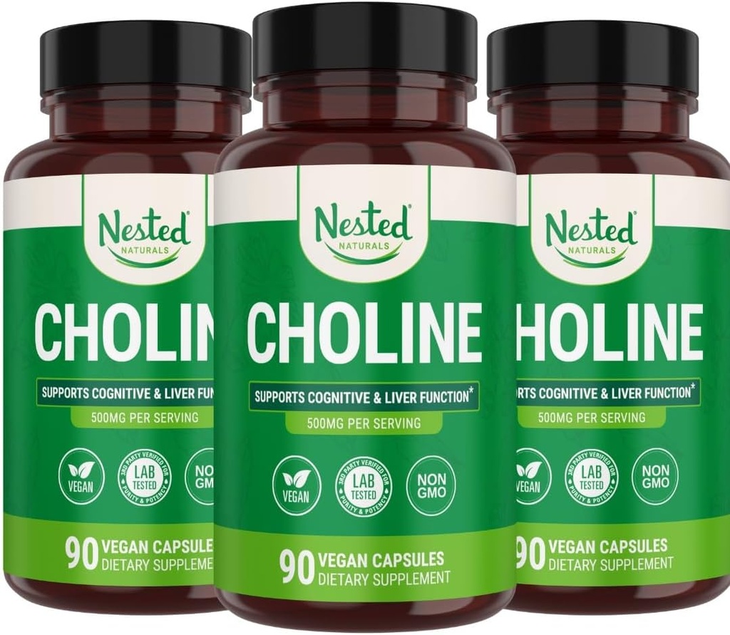 Nøstet Naturals Choline Bitartrate 500mg | høy styrke Choline kosttilskudd | støtter kognitiv ytelse og leverfunksjon | 100% vegansk og ikke-GMO | (3-Pack)