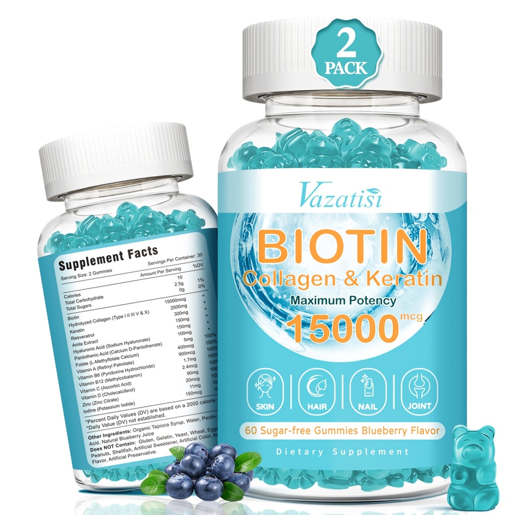Biotin og kollagen gummier med B12, hår hud og negler Vitaminer Gummier for hårvekst, glødende hud og sterk negler - Blåbær Flavor, sukkerfri, 120 Ct