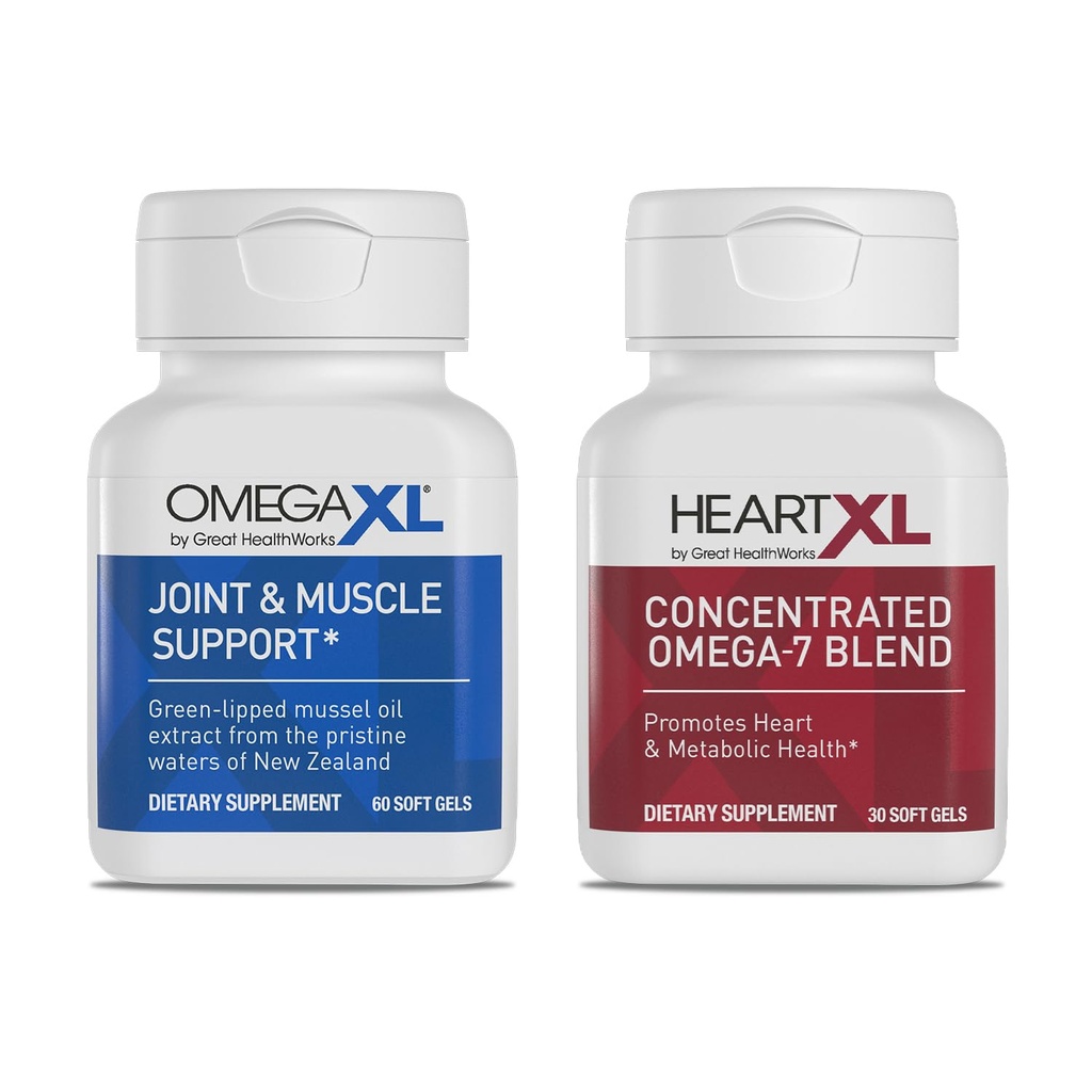 OmegaXL Joint Support Supplement - Naturlig Muskelstøtte, Grønn leppede krusolje, Mykt Gel piller, Drug-free, 60 greve + HeartXL 30 greve, høy styrke Omega-7 blanding