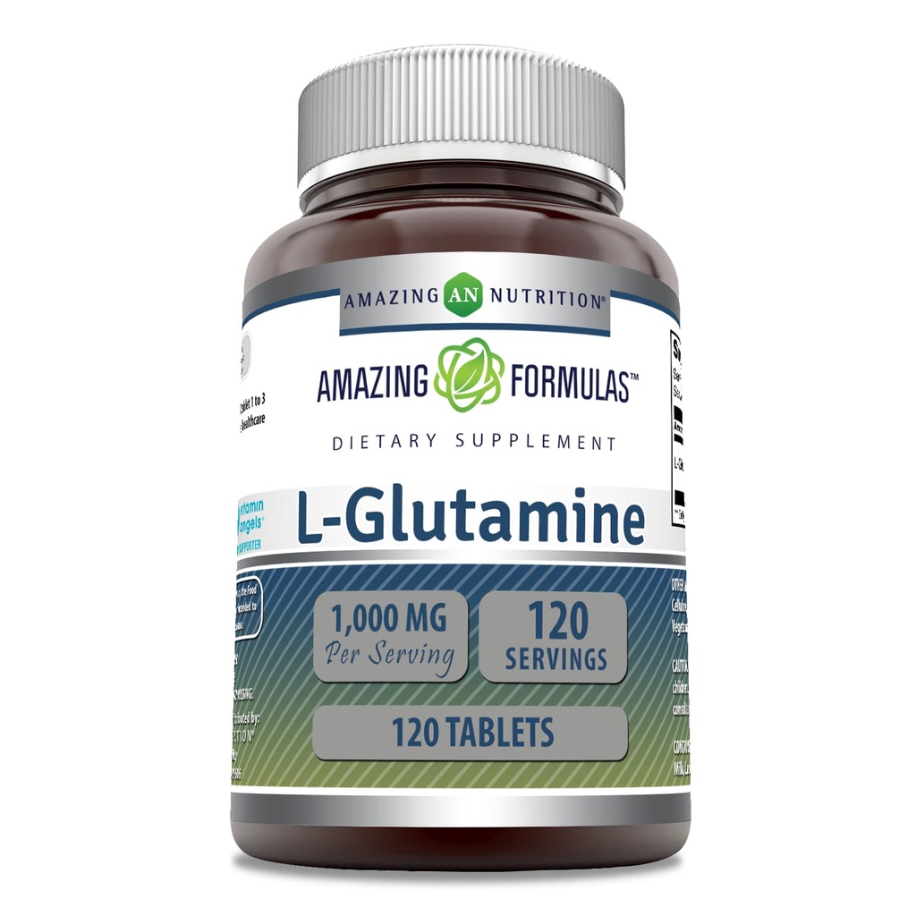Amazing Formler L Glutamin 1000 Mg Tabletter | Aminosyre Supplement for menn og kvinner | Ikke-GMO | Glutenfri | laget i USA | (1 Pakke, 120 greve)