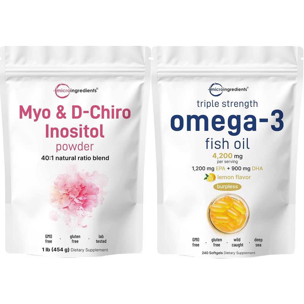 Mikroingredienser Omega-3 Fish Oil 4200 mg Softgels & Myo & D-Chiro Inositol pulver Bundle 2 pakke | Wild-Caught fisk, sitron flavored, Burpless | Inositol Supplement for kvinner