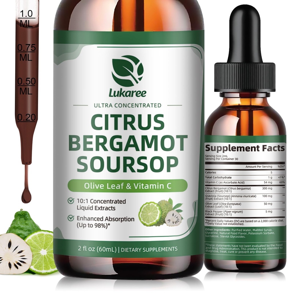 Citrus Bergamot flytende dråper - Naturlig kosttilskudd med Soursop, rød yeast ris, hvitløk, olivenblad, svart pepper - høy absorpsjon - støtte overordnet velvære* - Soursop biters væske, 2 fl Oz