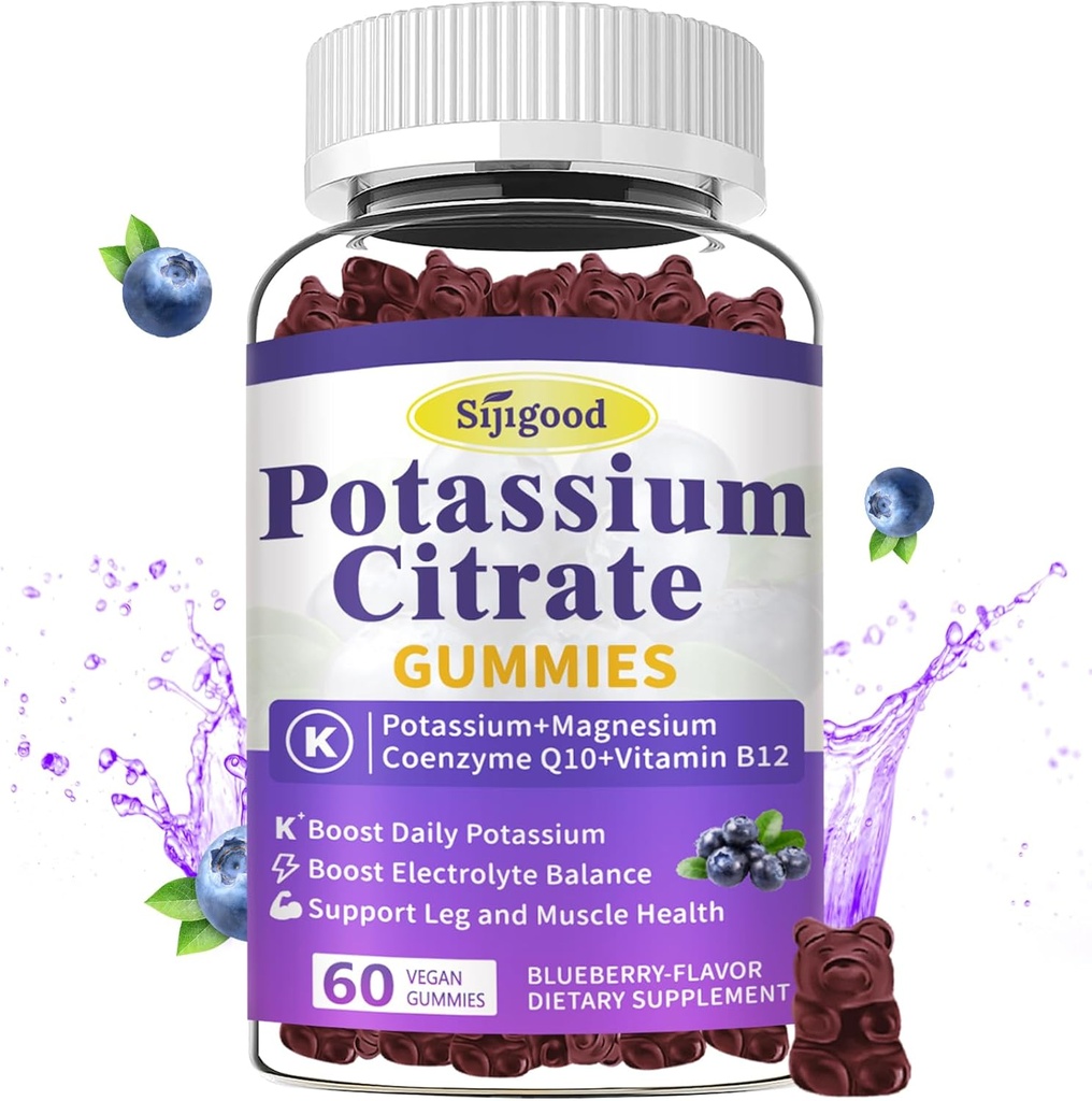 Kalium Citrate Gummies – Kalium Supplement for muskel helse, ben kramp Relief & Electrolyte Balance, Vegansk, Ikke-GMO, Glutenfri, Blåbær Flavor, 60 greve