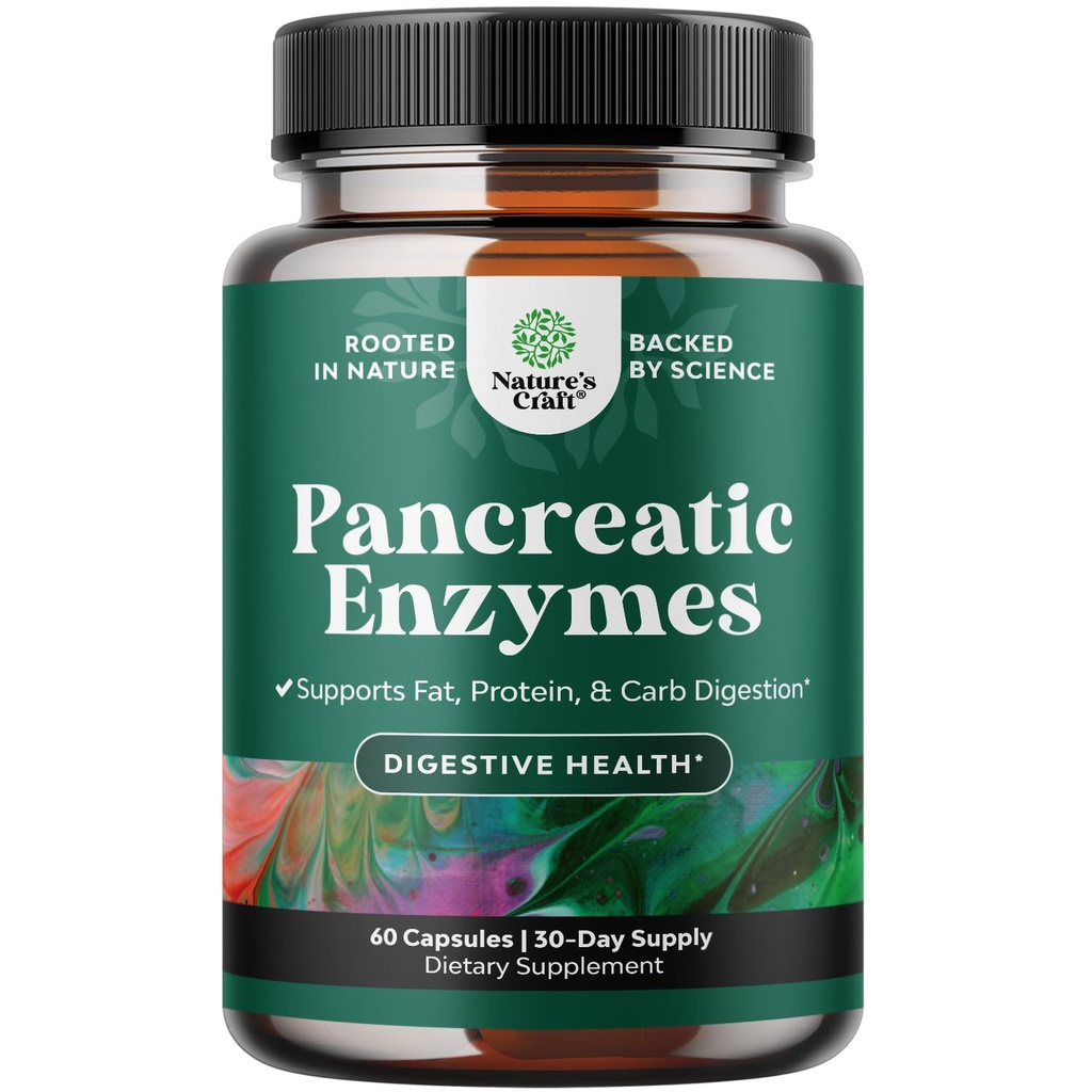Pancreatin Digestive Enzymes Digestion for Gut Helse - Pancreatic Digestive Enzymes for kvinner & menn med protease, Lipase & Amylase - Bloating, Mage helse, fett, karbohydrater og protein - 60 greve