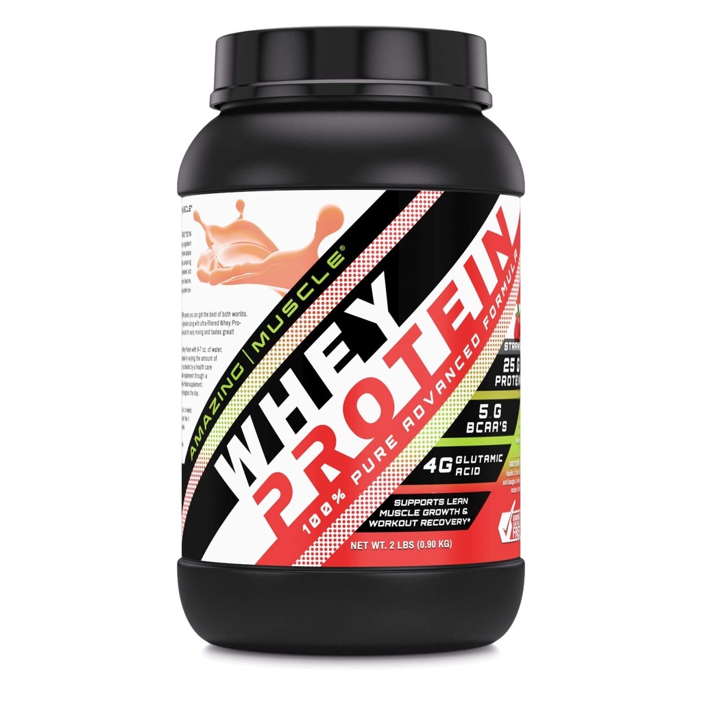Amazing Muskel 100% Whey Protein pulver *Avansert formel med Whey Protein Isolate som en primær ingredient sammen med Ultra filtrert Whey Protein Koncentrate (Strawberry, 2 lb)