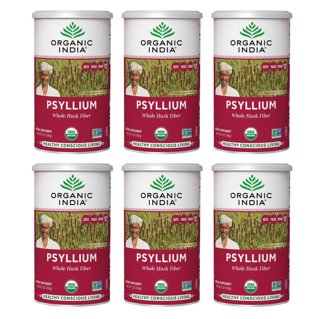 ORGANIC INDIA Hele Psyllium Husk Powder Organic - Psyllium Husk Fiber Supplement, Digestionsstøtte, Vegan, Glutenfri, Ikke-GMO, Oppløselig & Uoppløselig Fiber Kilde - 12 oz Canister, 6 Pack