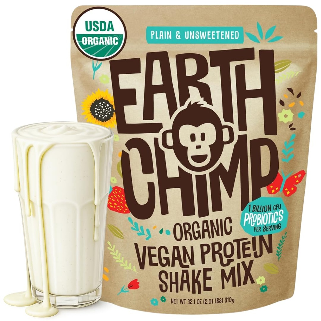 EarthChimp Organic Vegansk Protein pulver - med probiotika - ikke GMO, Dairy Free, Non Whey, Plant Basert Protein pulver for kvinner og menn, Glutenfri - 26 Serveringer 32 Oz (Plain & Unsweeted)