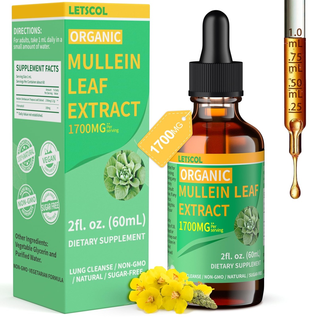Organic Mullein drops for Lung Cleanse, kraftig 1700 mg Mullein Leaf ekstrakt for immun- og pusteveier støtte, naturlig Mullein Supplement Tinkture Drops Non-GMO & Vegan, 2 Fl Oz