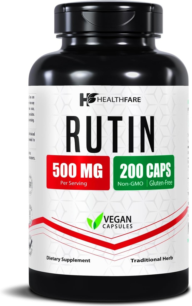 Healthfare Rutin Supplement 500mg | 200 Vegan Kapsler | Naturlig Bioflavonoid Formula | Ekstra styrke Antioksidant Støtte | Ikke-GMO, Glutenfri | laget i USA