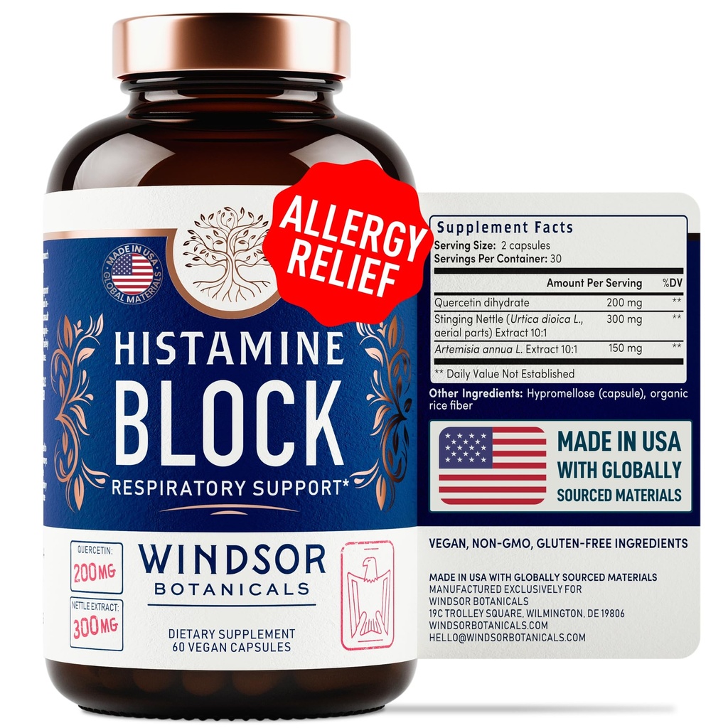 Histamin blokker for allergier - Quercetin, Stinging Nettle Flavonoider Naturlige antihistaminer tabletter - Allergi relief kosttilskudd og antihistaminer for voksne - 60 Vegan Histamin blokk kapsler