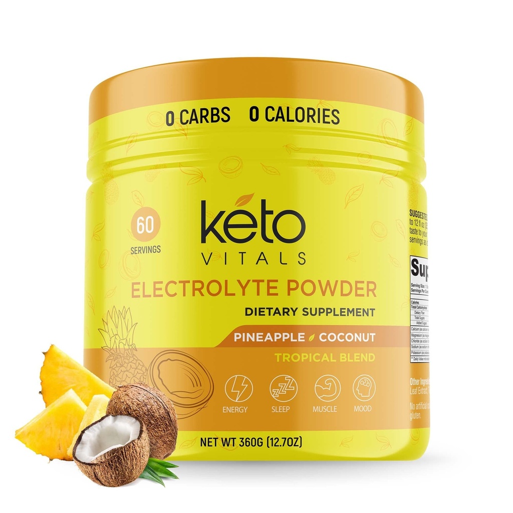 Keto Vitals Electrolytes pulver - sukkerfri keto elektrolyter pulver med kalium, magnesium, natrium, og kalsium - Ingen sukker elektrolyte drikkblanding & hydrasjon pulver, 60 serveringer, Pineapple Coconut