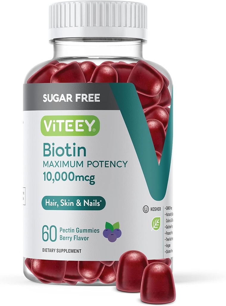 Viteey Biotin Gummies for hår, hud og negler 10.000mcg - sukker gratis - hårvekst Gummies, sunn hud Glow, sterk sunn neglevekst - Vegansk, Glutenfri, Gelatin Gratis- Tastig Berry Flavor