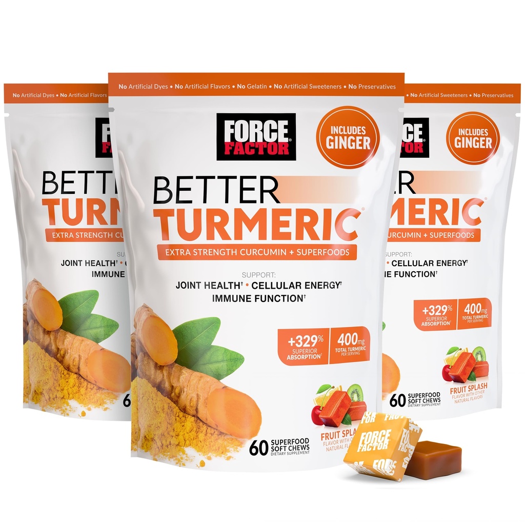 Force Factor Bedre gurkemeie felles støtte Supplement for ekstra styrke felles helse, med HydroCurc gurkemeie curcumin med svart pepper for superior absorpsjon, frukt splash, 180 myk Chews