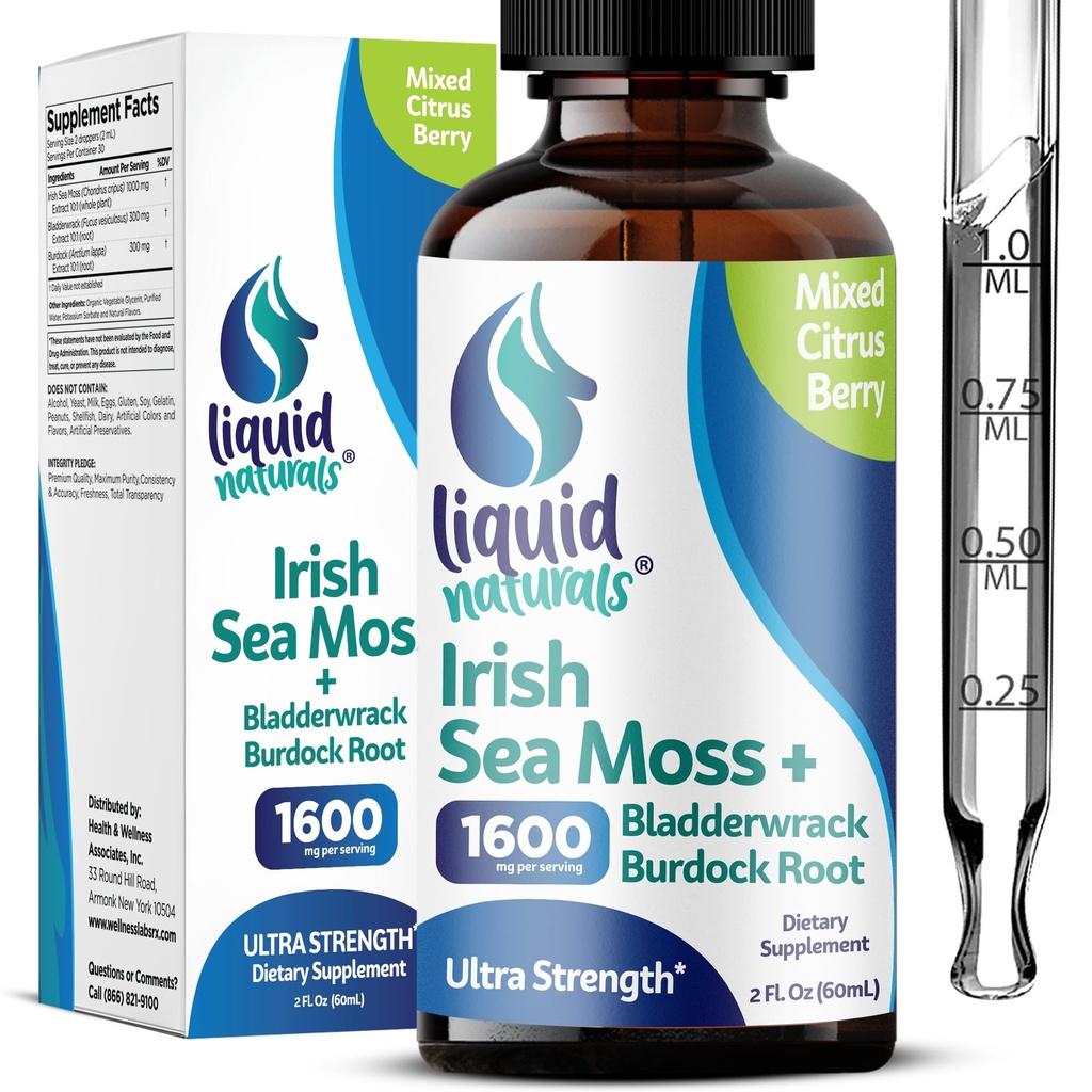 Irish Sea Moss Drops - Citrus Berry Flavor - 92+ Essential Minerals & Vitaminer - Energi, Hud, Gut, Recovery - Bladderwrack og Burdock Root - 2 fl oz