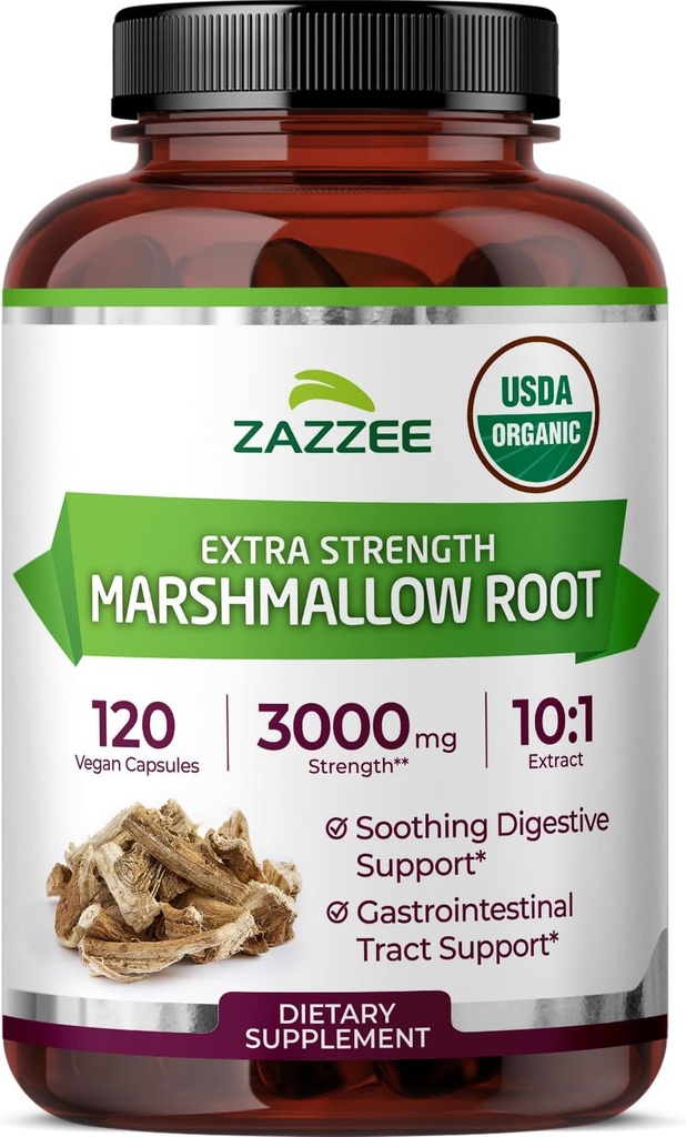 Zazzee USDA Organic Marshmallow Root 10:1 Ekstrakt, 3000 mg Styrke, 120 Vegan Capsules, 4 måneders forsyning, Standardisert, Konsentrert 10X Extract, 100% vegetarisk, all-naturlig, ikke-GMO, laget i USA