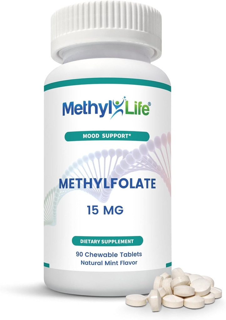 Metyl-Life® L-metylfolat 15 mg for kvinner og menn – Active Folat Supplement med ultrapure Cerebrofolat® (L-5-MTHF Kalsium) – høy biotilgjengelighet B9 Support – Tastige Chewable Tabletter | 90 Count
