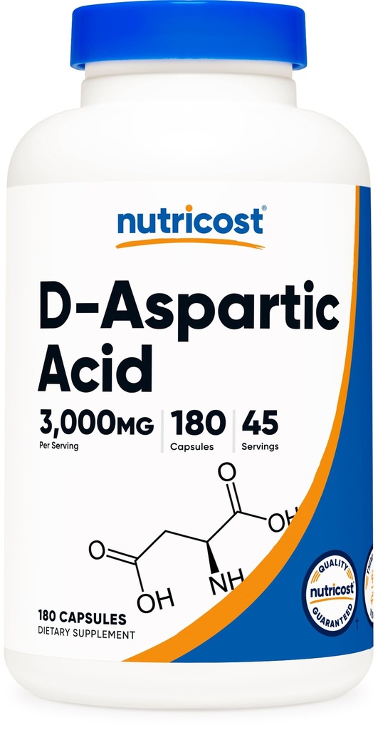 Nutricost D-Aspartic Acid (DAA) Kapsler 3000 mg Per servering (180 kapsler) - Ikke-GMO