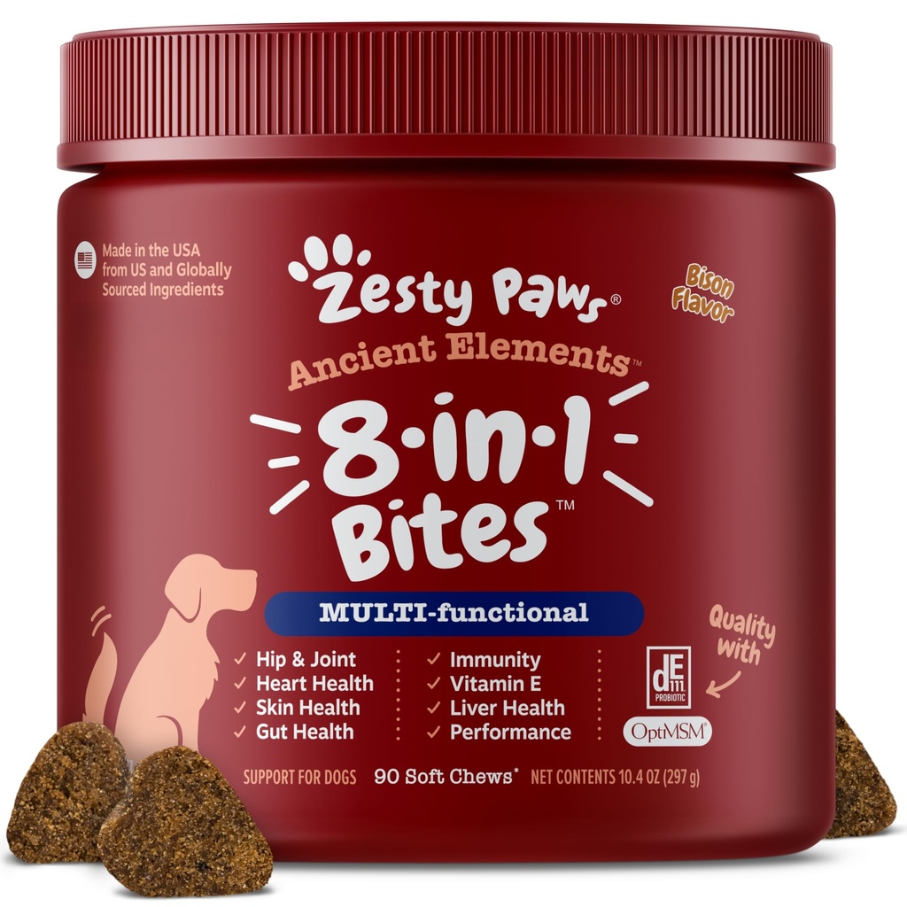 Zesty Paws Hund Multivitamin, Chewable Hund Vitaminer og kosttilskudd for Hip & Joints, Hud & Coat, Omega 3 Fiskeolje for hunder - Senior & Puppy Multivitamin - Bison- 90ct