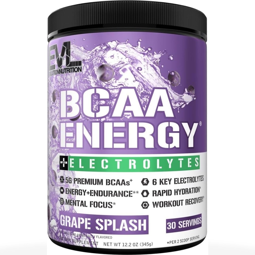 EVL BCAA Aminosyrer pulver - BCAA energi pre trening pulver for muskel gjenoppretting lean vekst og utholdenhet - Hydroring post trening gjenopprette drikke med 6 nøkkel elektrolyter - Grape Splash