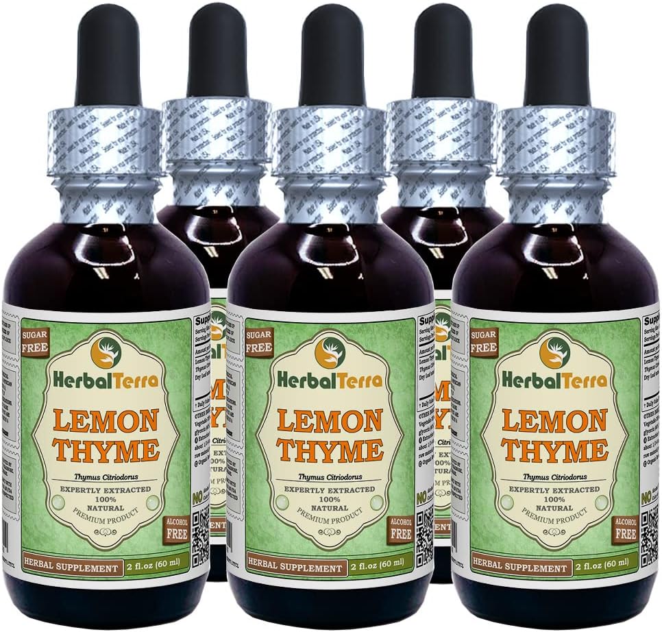 Lemon Thyme (Thymus x Citriodorus) Glyceritt, organisk tørket herb alkoholfri flytende ekstrakt (merkenavn: HerbalTerra, stolt laget i USA) 5x2 fl.oz (5x60 ml)