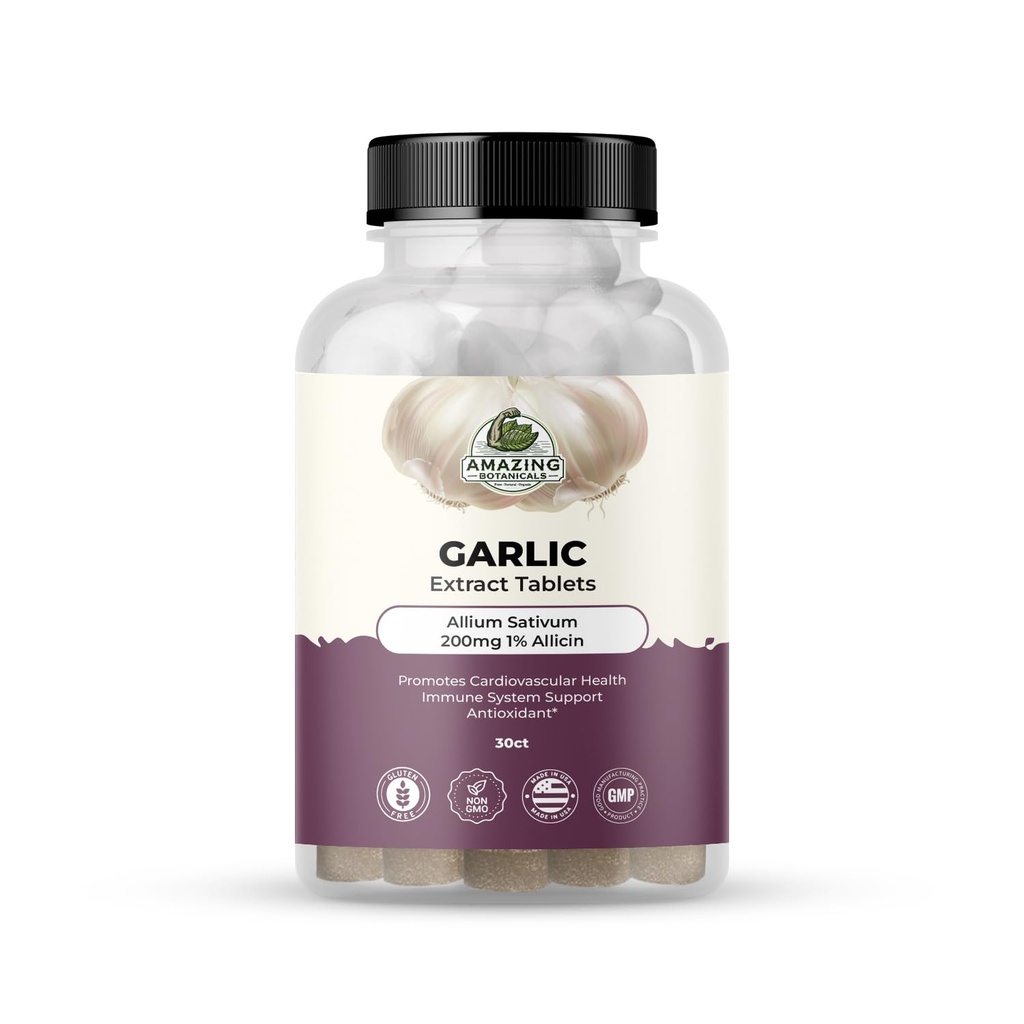 Amazing Botanicals hvitløk ekstrakt tabletter - Allium Sativum 200mg, 1% allicin - høy potens Herbal Supplement for velvære og vitalitet - 30 greve