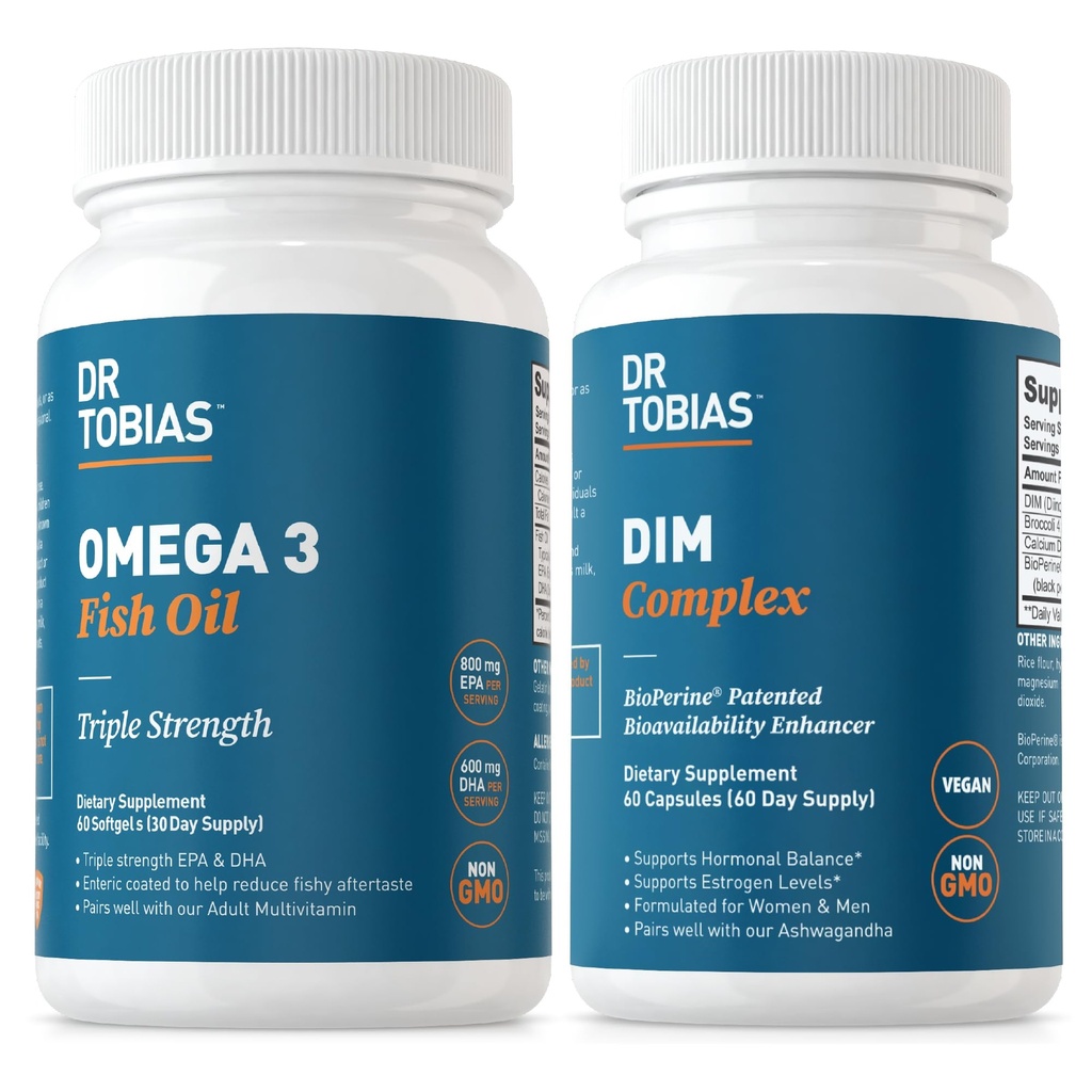 Dr. Tobias Omega 3 Fish Oil og DIM Complex kosttilskudd, støtter hjerte, hjerne immunfunksjon og hormonbalanse for kvinner og menn med bioperin, borccoli ekstrakt & kalsium D-Glucarate, 60 kapsler