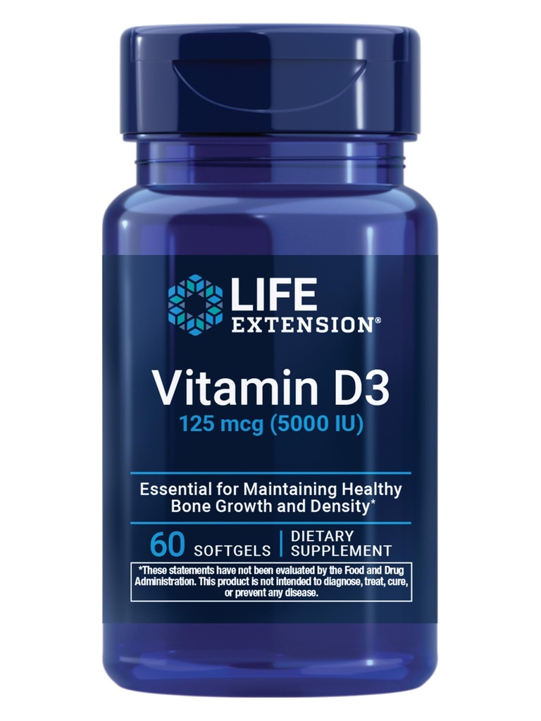 Livsforlengelse Vitamin D3 125 mikrog (5000 IE), beinhelse, hjerneytelse, immunsystemstøtte, glutenfri, ikke-GMO, en gang daglig, to-måneders forsyning, 60 Softgels